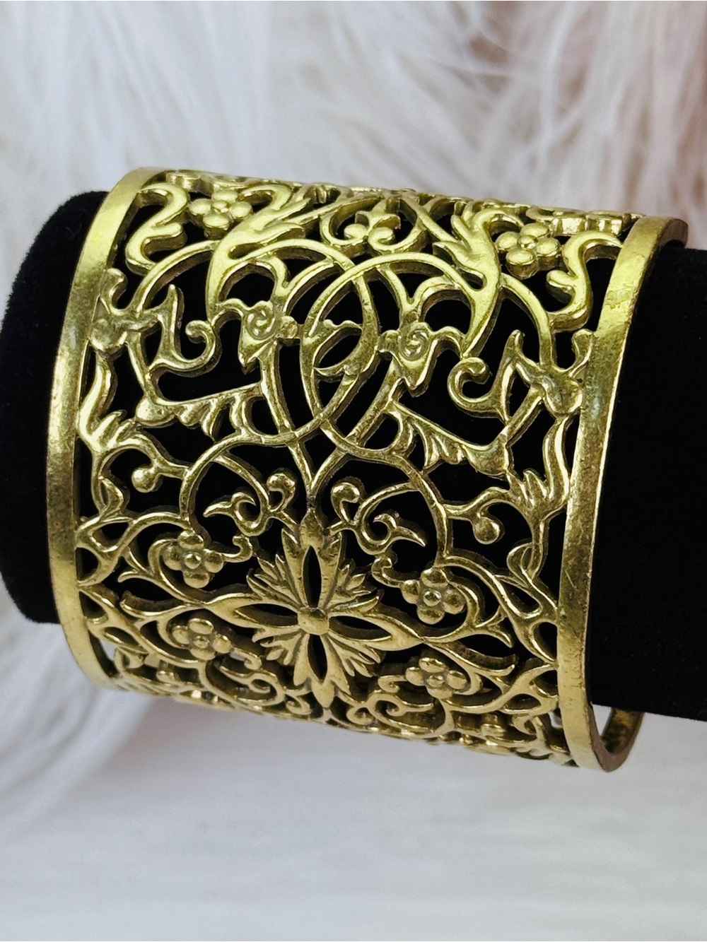 Vintage Heavy Warm Metal Filigree Floral Wide Statement Bracelet